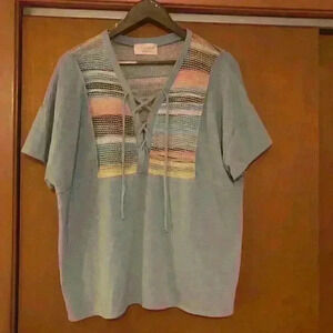 Sugarfox Womens Sage Green Lace Up Striped Panel‎ Knit Short Sleeve Top Boho L